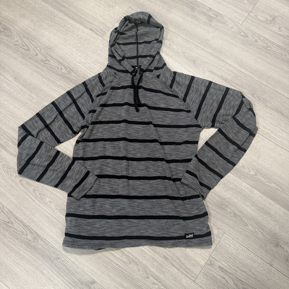 Zoo York Mens XL Striped Pullover Sweatshirt Gray Black Long Sleeve Hoodie